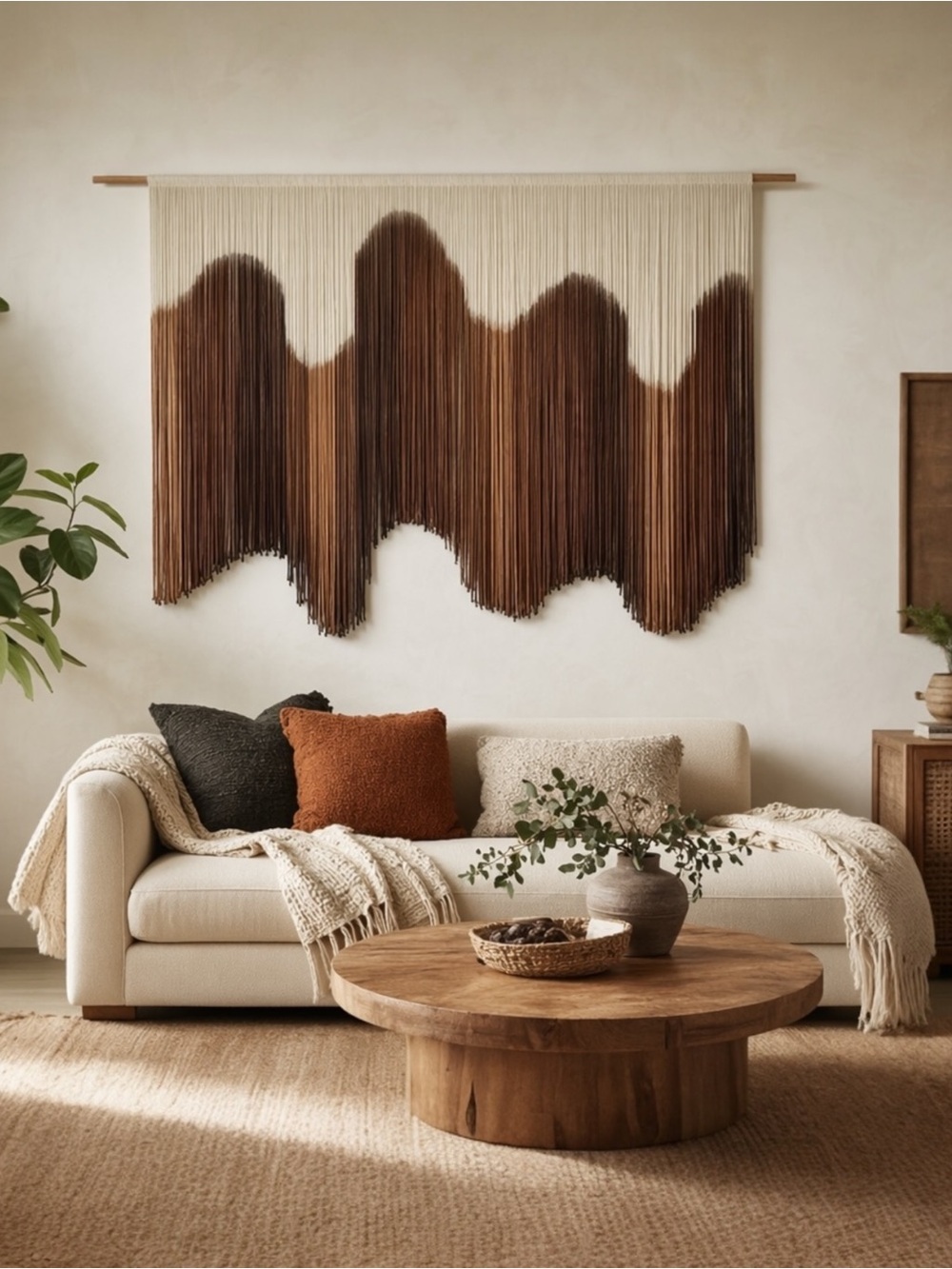 NEW Anthro XL Boho Tapestry Wavy Brown Macrame Woven Dyed Yarn Wall Hanging 58"